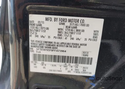 2015 Ford F-150 Xlt из США, поврежденный, VIN 1FTEW1EF0FFA73964